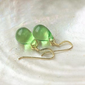 Green glass drop earrings, 18kt gold over silver, light peridot green teardrop glass bead jewelry, everyday dainty gift for friend, UK