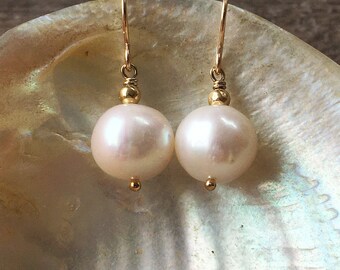 Large 10mm natural freshwater pearl earrings, Gold fill or sterling, luxury real round pearl drops, dangly cultured pearl jewelry gift UK