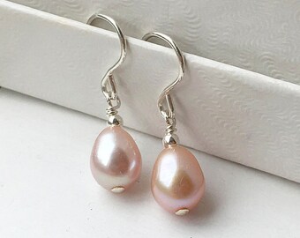 Blush pink pearl earrings, real baroque pearl drop earrings in gold or silver, dangly freshwater natural SMALL pearls, bridesmaid gift. UK
