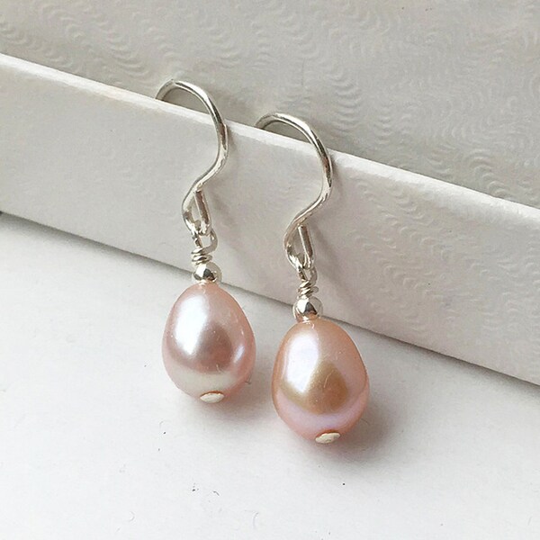 Blush pink pearl earrings, real baroque pearl drop earrings in gold or silver, dangly freshwater natural SMALL pearls, bridesmaid gift. UK