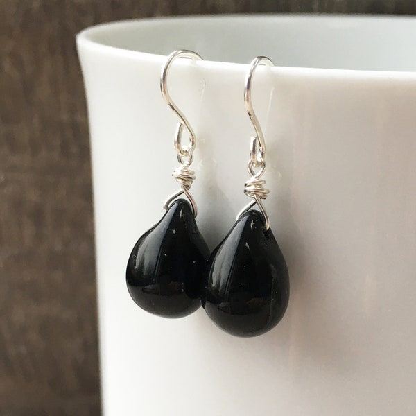 Black earrings, classic jet black teardrop earrings, dangly drop, sterling silver stud or earwire, classic everyday handmade gift UK