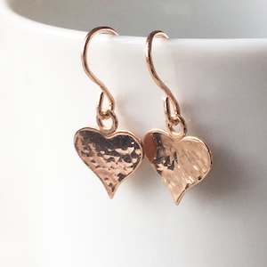 Hammered rose gold heart earrings, SMALL rose gold earrings, cute modern drop earrings, tiny disc dangly heart jewelry gift for friend UK