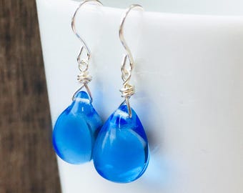 Royal blue glass teardrop earrings, sterling silver bright sapphire blue dangly drops, minimal everyday classic jewelry gift for wife uk