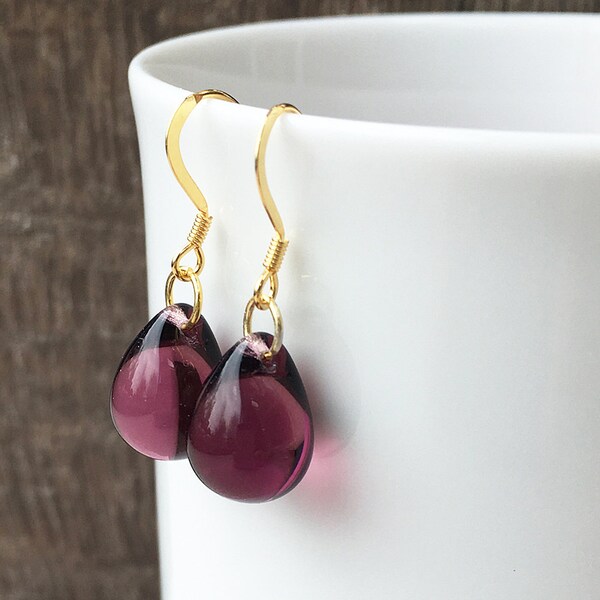 Gold plum burgundy teardrop earrings, all vermeil, purple glass bead tear drops, elegant simple jewelry gift for girlfriend UK