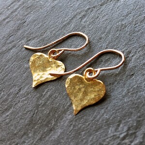 Gold heart earrings, hammered gold dangle earrings, small modern gold drop. disc heart jewelry, birthday gift for mum UK image 1