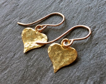 Gold heart earrings, hammered gold dangle earrings, small modern gold drop. disc heart jewelry, birthday gift for mum UK