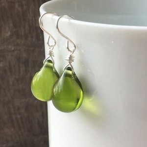 Dark olive green teardrop earrings, sage green, sterling silver, rain drop earrings, classic everyday bead jewelry gift for friend, mum Uk,