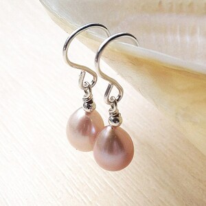 Blush pink pearl earrings SMALL dangly drop earrings real baroque pearl tiny freshwater natural pearl earrings, bridesmaid gift, UK