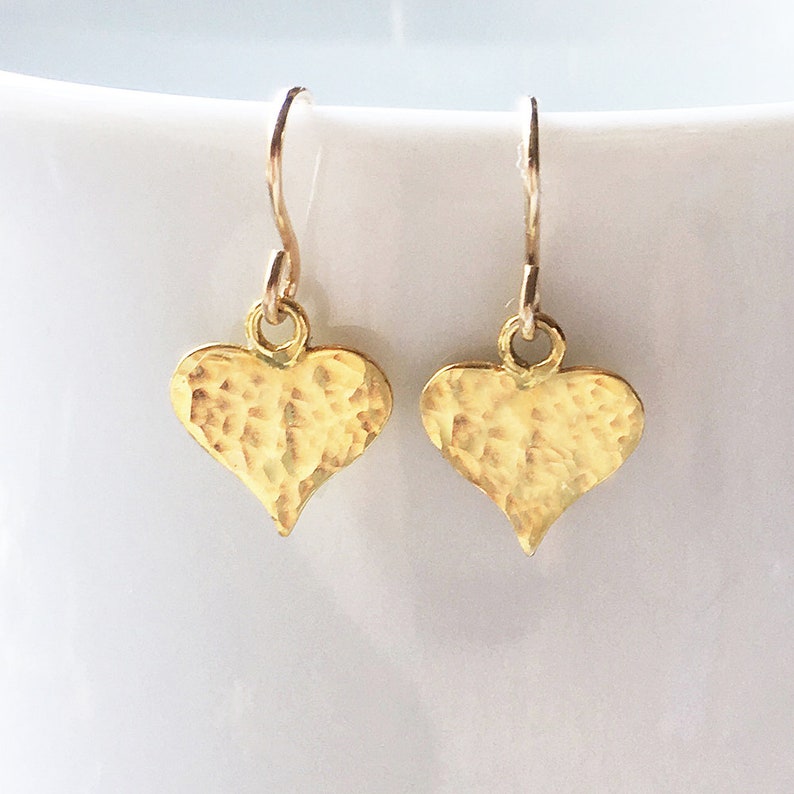 Gold heart earrings, hammered gold dangle earrings, small modern gold drop. disc heart jewelry, birthday gift for mum UK image 3