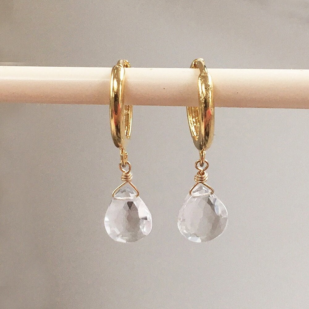 Clear crystal quartz drop huggie hoop gold earrings