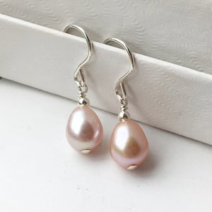 Blush pink pearl earrings, real baroque pearl drop earrings in gold or silver, dangly freshwater natural SMALL pearls, bridesmaid gift UK