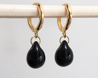 Jet black drop earrings, gold huggie hoops, gift for friend, mum, dangly glass teardrops, classic elegant jewelry gift under 20 UK