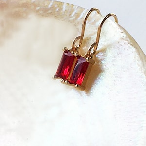 Red drop earrings 14k gold fill hooks, Small ruby red dangle earrings, TINY rectangle earrings, colorful jewel July gift for friend uk