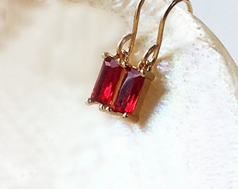 Red drop earrings 14k gold fill hooks, Small ruby red dangle earrings, TINY rectangle earrings, colorful jewel July gift for friend uk