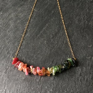 Watermelon tourmaline necklace, small bar necklace, rough gemstone ombre necklace, multi color raw tourmaline jewelry, October birth stone