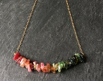 Watermelon tourmaline necklace, rough raw gemstone ombre necklace, small multi color jewelry, October birthstone handmade gift for wife, UK