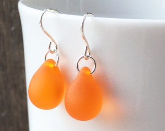 Orange earrings teardrop earrings, matte frosted Czech glass, faux seaglass, sterling silver, dainty classic jewelry gift for wife, mum, UK