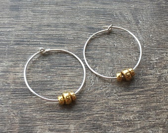 14k gold and sterling silver hoop earrings, small gold fill mixed metal bead earrings, simple delicate boho jewelry gift for friend uk