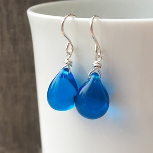 Deep blue glass teardrop earrings, sterling silver bright blue dangly drop hook or studs,  minimal dainty jewelry gift for her uk