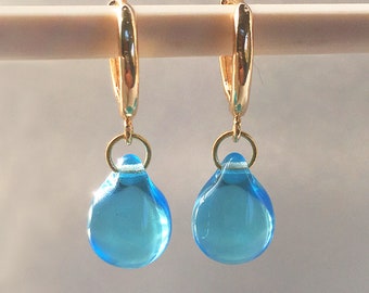 Bright capri blue gold huggie hoop earrings, dangly light aqua blue teardrops, leverback glass bead everyday jewelry, dainty gift for mum UK