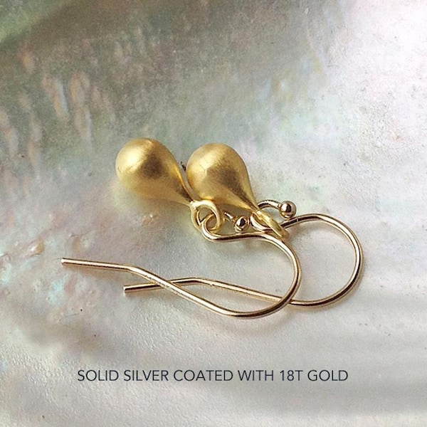 Gold teardrop earrings, Dainty classic gold matte satin earrings, Elegant SMALL drop vermeil earrings, Minimal jewelry gift for wife, UK