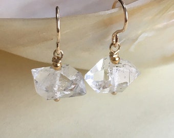 Gold Herkimer diamond earrings, large quartz crystal earrings, clear raw stone, boho birthday gift, dangly drop handmade jewelry, UK