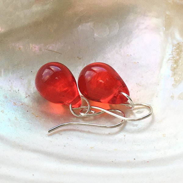 Red teardrop earrings, sterling silver dangly bright red glass tear drop earrings, classic everyday jewelry, dainty birthday gift under 15