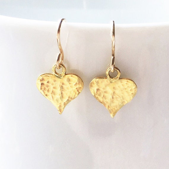 Hammered gold heart earrings, SMALL vermeil dangle earrings, gold drop earring, modern everyday romantic jewelry gift uk for mum