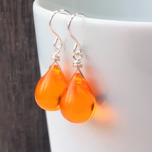 Orange earrings teardrop earrings, Czech glass earrings, sterling silver, dainty classic jewelry gift for wife, girlfriend, UK