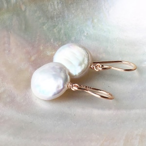 Natural coin pearl earrings, freshwater baroque pearl bridal earrings, dainty real white pearl bridesmaid earrings, 14k rose gold fill gift
