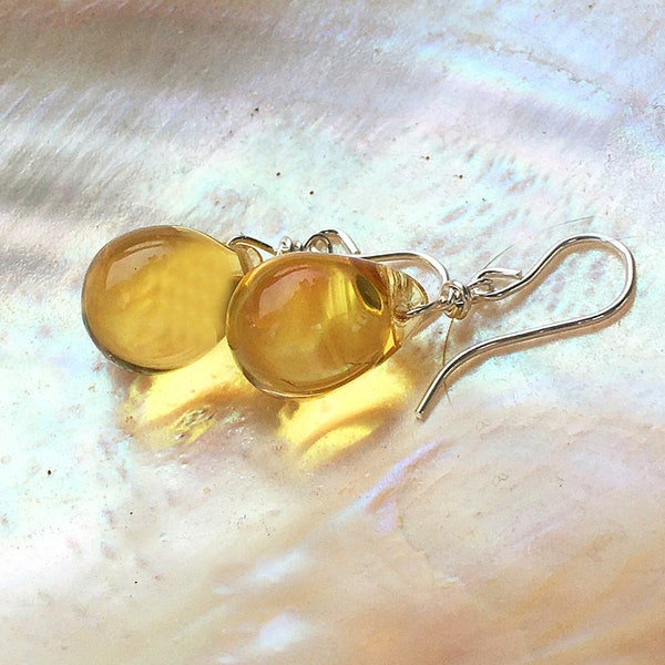 Yellow earrings. teardrop earrings. dainty drop. sterling silver dangly yellow bead, simple glossy glass jewelry gift under 15 for mum uk