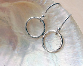 Sterling silver hoop earrings, hammered 925 silver drop circles, small handmade simple small rings, dainty everyday handmade gift UK