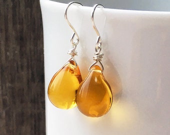 Yellow teardrop earrings, topaz colour, dainty drop, sterling silver, simple dangly bead, simple glossy glass jewelry gift under 15  uk