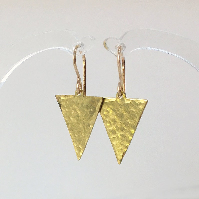 Golden Triangle Earrings, Dangly Drop Brass Earrings, 14k Gold Fill ...