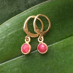 May include: A pair of gold-toned leverback earrings, each featuring a small, round, faceted pink gemstone drop. The metal settings are polished gold, and the stones have a textured, multi-faceted surface that catches the light.