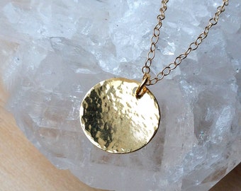 Hammered gold necklace, dainty gold fill disc pendant, everyday layered choker, artisan handmade, boho jewelry anniversary gift for mum, UK