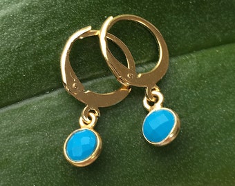 Turquoise gold earrings huggie hoops, TINY real turquoise dangly blue bead, December birthstone charm, elegant jewelry gift for mum UK