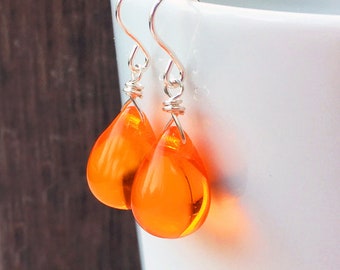 Orange earrings teardrop earrings, Czech glass earrings, sterling silver, dainty classic jewelry gift for wife, girlfriend, UK
