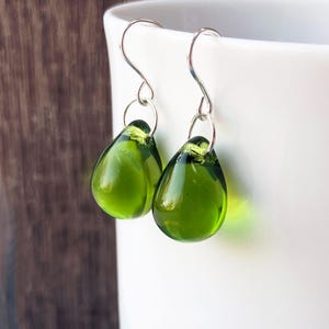 Olive green teardrop earrings sterling silver dark sage green glass rain drop earrings, simple everyday jewelry gift for friend Uk