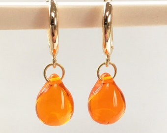 Orange huggie hoop earrings gold teardrop earrings, Czech glass earrings, dainty classic jewelry gift for wife, girlfriend, UK