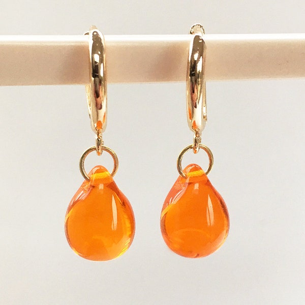 Orange huggie hoop earrings gold teardrop earrings, Czech glass earrings, dainty classic jewelry gift for wife, girlfriend, UK