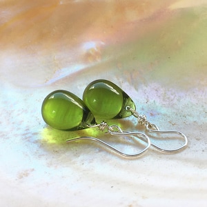 Olive green glass teardrop earrings, sterling silver, dark sage khaki green rain drop earrings, classic everyday bead jewelry gift, Uk,