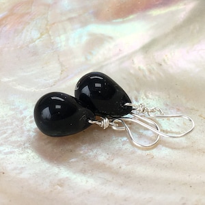 Black earrings, classic jet black teardrop earrings, dangly drop, sterling silver stud or earwire, classic everyday handmade gift UK
