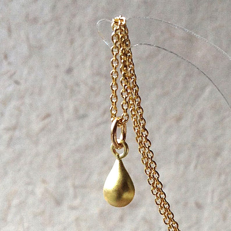 Gold teardrop necklace, gold necklace, dainty brushed satin TINY gold pendant, small elegant matt vermeil tear drop jewelry gift for mom image 5