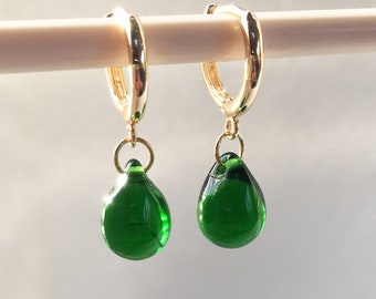 Emerald Green huggie hoop gold earrings, glass tear drop earrings, dangly dark green Irish earrings, wedding jewelry gift for friend UK