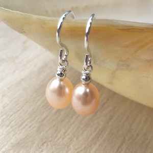 Peach pink pearl earrings, SMALL freshwater baroque pearl dangly drop earrings, natural pearl jewelry, dainty bridesmaid gift for her, UK