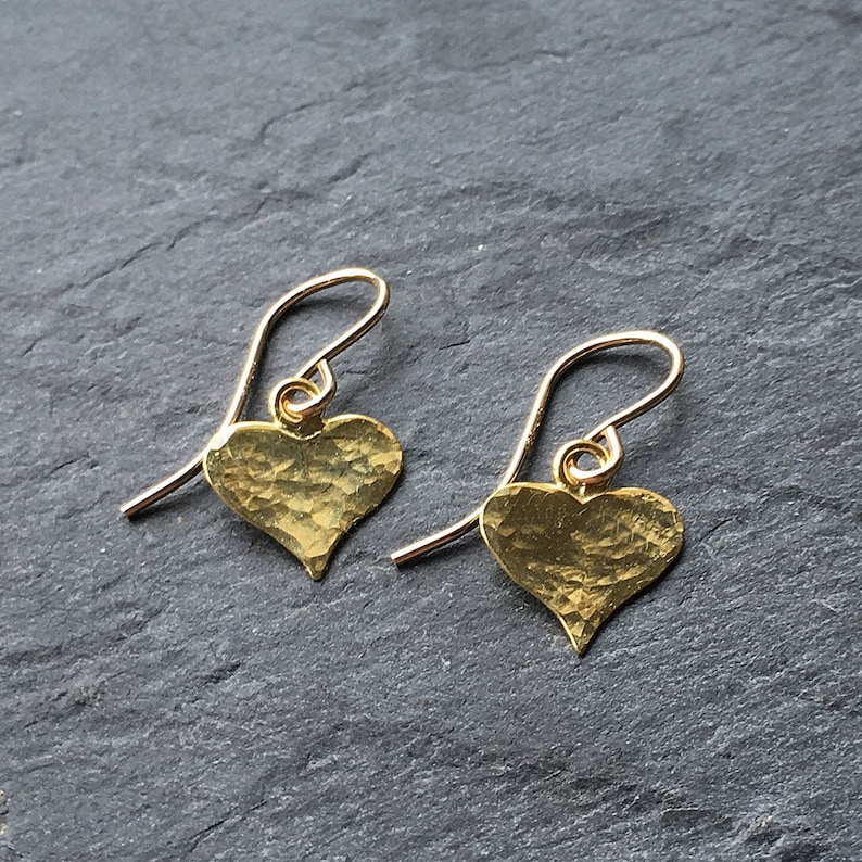 Gold heart earrings, hammered gold dangle earrings, small modern gold drop. disc heart jewelry, birthday gift for mum UK image 5