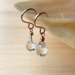 May include: A pair of drop earrings featuring clear, faceted, teardrop-shaped crystals suspended from rose gold-toned wire hooks. Each crystal is secured with a delicate rose gold wire wrap at the top, creating a simple and elegant drop design.