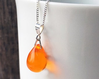 Orange teardrop necklace, dainty sterling silver glass pendant, minimal everyday jewelry, classic gift for girlfriend UK