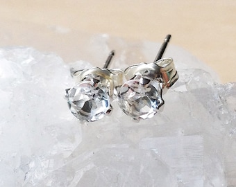 AAA White topaz stud earrings, April birthday gift for mum, clear topaz posts with sterling silver, tiny sparkly gemstone jewelry, UK